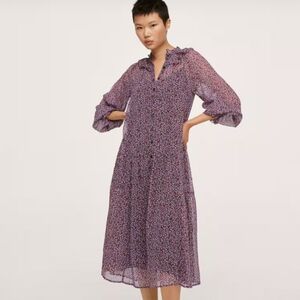 Mango Red Blue Floral Print Sheer Button Down Long Sleeve Midi Dress Size 4